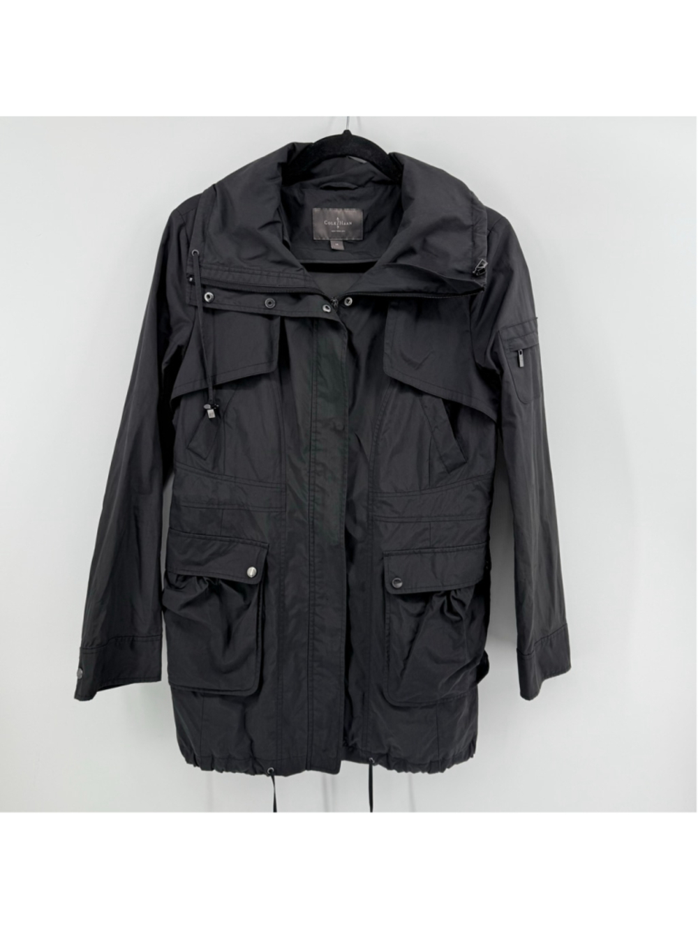 Cole Haan Women's Black Rain Jacket Zip Front Nylon Medium Packable Hood